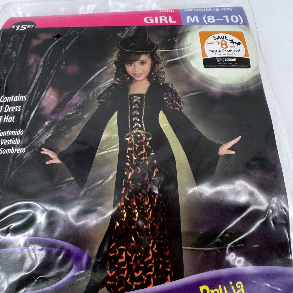 Bat Witch Costume Girl Size Medium 8-10 Black Orange Gold Dress and Hat Set